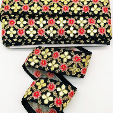 Black Art Silk Fabric Trim, Salmon Pink & Gold Floral Embroidery Gota Patti Indian Sari Border Trim By Yard Decorative Trim Craft Lace